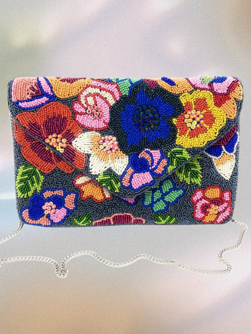 NEW Flower Garden Boho Seed Beaded Crossbody Chain Clutch Bag Handbag